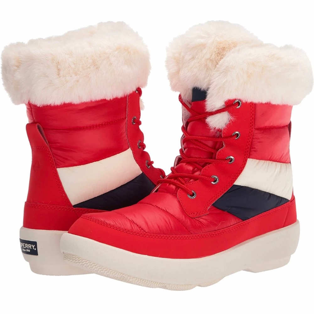 Sperry Bearing Plushwave Boot Lace Up Stripe faux fur cuff Puffer